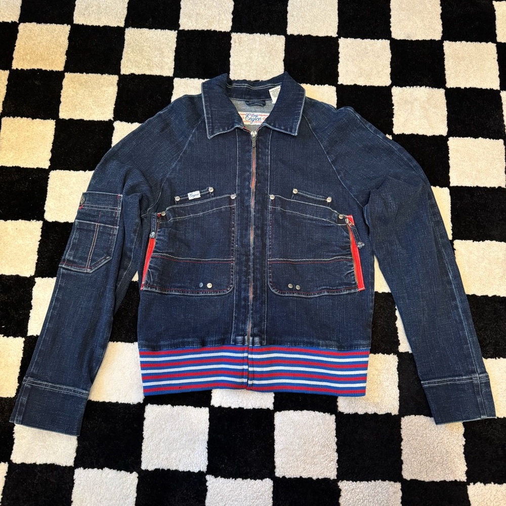 Vintage Y2K Lady Enyce Zip Up Denim Jacket With Red Trim Size XL